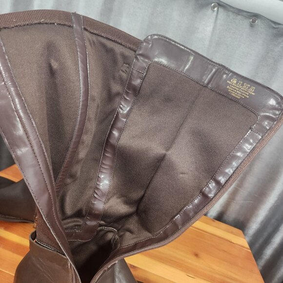 Franco Sarto Brown Knee High Riding Boots Chrome Zip Up Size 8.5M Neoprene Calf - Picture 15 of 16